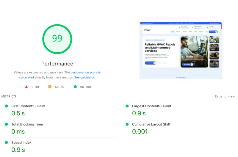 Lighthouse performance score showing 99/100