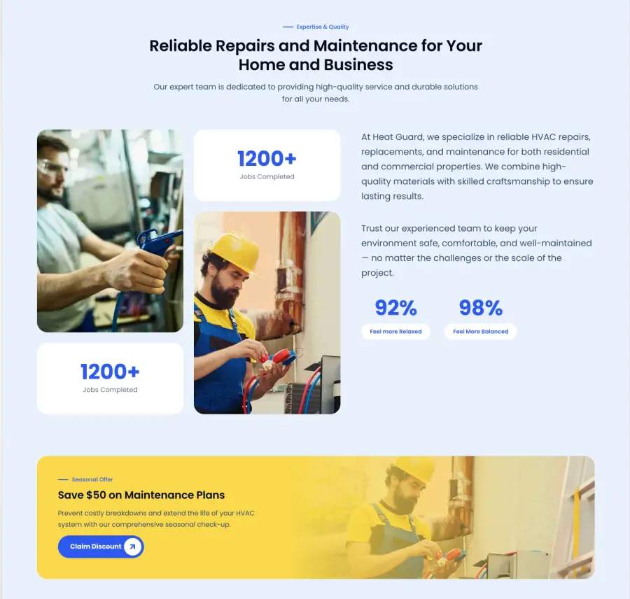 About section with business information and stats