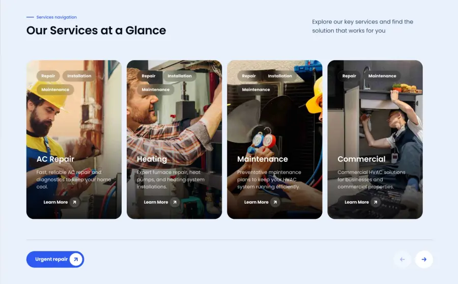 Service cards and landing pages